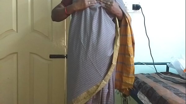 desi indian tamil telugu kannada malayalam hindi horny cheating wife vanitha wearing grey colour saree showing big boobs and shaved pussy press hard boobs press nip rubbing pussy masturbation